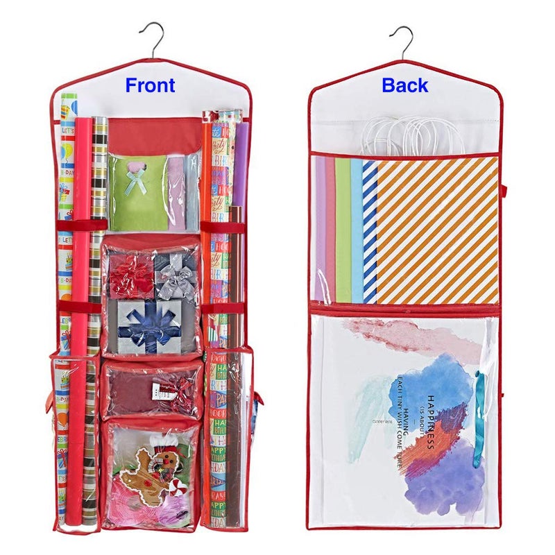 Primode Wrapping Paper Storage Hanging | Gift Wrap Organizer Double Sided | Pockets for Gift Bags, Ribbon, Bows and Accessories | 40â€x17â€ Fits 40 Inch Rolls | Clear PVC Bag (Red) - Image 1